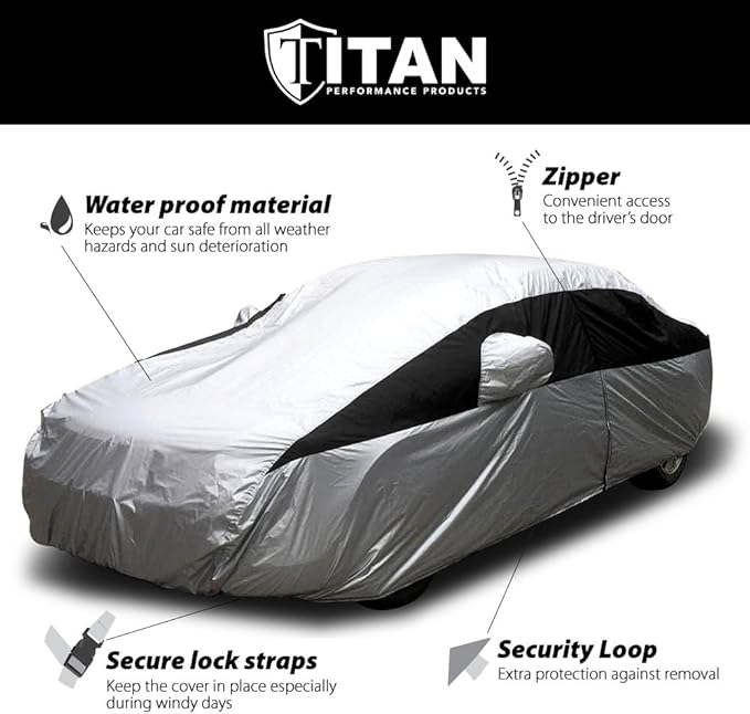 Titan Lightweight Poly 210T Car Cover for Sedans 186-202". Waterproof, UV Protection, Scratch Resistant, Driver-Side Zippered Opening. Fits Camry, Accord and More.
