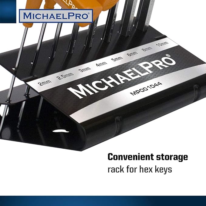 MichaelPro 8-Piece T-Handle Ball End Allen Wrench Set, Metric Hex Key Set (2mm-10 mm), CR-V Steel, Ball End Design for Tight Space Flexibility, Storage Stand Included (Metric, Yellow) - MP001044