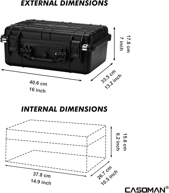 CASOMAN Water-proof Box, with Cush- Proof Sponge, IP67 Water Proof Grade, Large Waterproof Hard Case with Customizable Foam, Perfectly Protection of Camera, Drones, Lens,Equipments, 16"x13.2"x7"