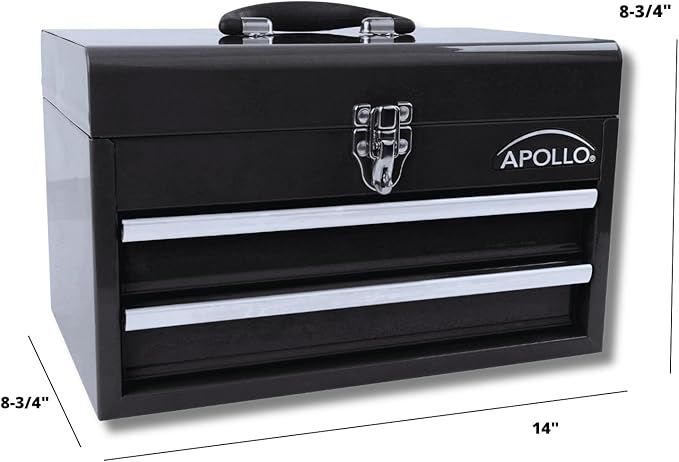 Apollo Tools 14 Inch Steel Tool Box with Deep Top Compartment and 2 Drawers in Heavy-Duty Steel With Ball Bearing Opening and Powder Coated Finish Black