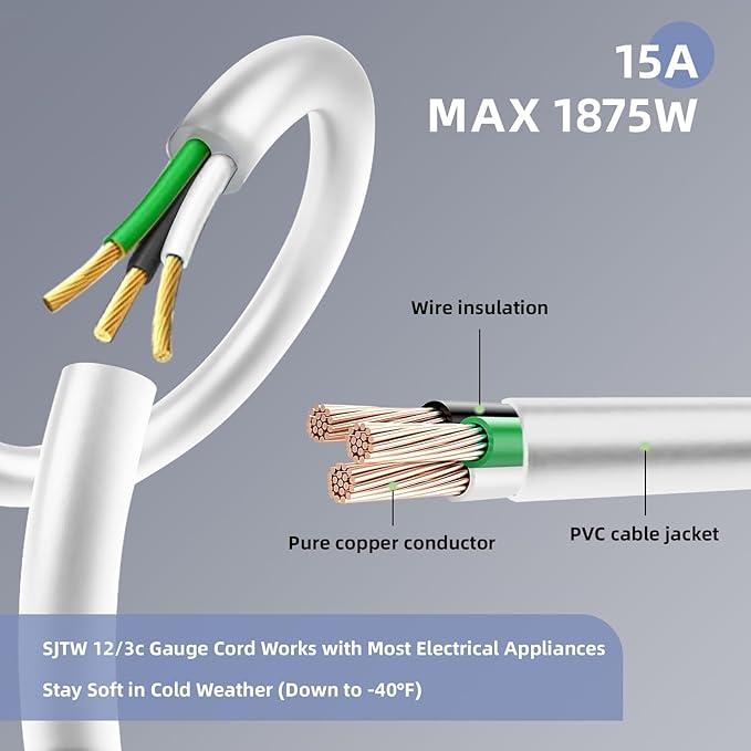 EP 12/3 15 FT Indoor Outdoor White Extension Cord Waterproof, 12 Gauge 3 Prong Power Cord Flexible Resistant Appliance Extension Cable Electric Cable Outside, 15A 1875W 12AWG SJTW, ETL Listed