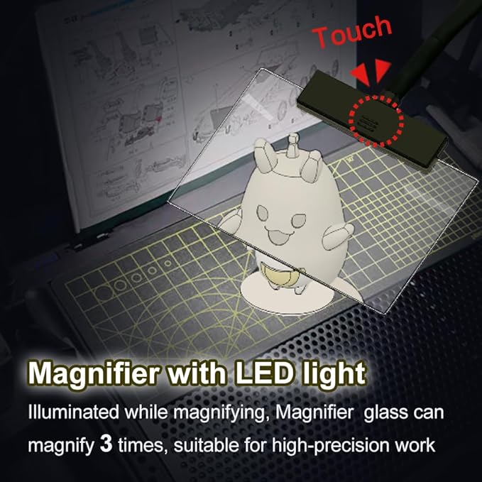 Portable Workbench for Gundam Model Making, Model Kit Tool for Gundam Building, with LED Light and Magnifying Glass Suitable for High-Precision Work,KJ019