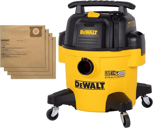 DEWALT 6 Gal Stealthsonic Shop Vacuum Wet and Dry, 5 Peak HP Poweful Suction Ultra-Quiet Vacuum Cleaner Bundle with 4PACK DXVA19-4101 Dust Bags - Ideal for Job Sites, Workshops & Garages