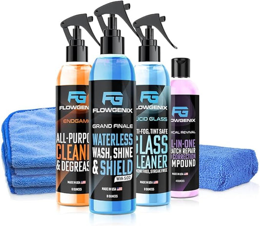 Grand Slam 4-Pack Includes Waterless Car Wash Spray + Instant Car Scratch Remover Repair + Streak Free Window and Glass Cleaner + All Purpose Cleaner for Auto Detailing, 2 Microfiber Towels