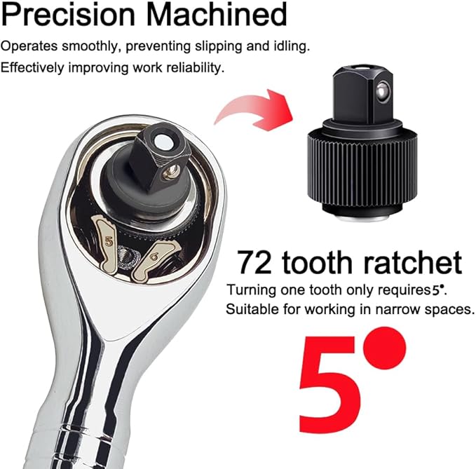 1/4-Inch Drive Ratchet Wrench, 72-Tooth Stubby Quick-Release Socket Wrench with a Extension Bar(4 inch), Reversible Switch, Chrome Alloy Made, Full-Polished Chrome Plating