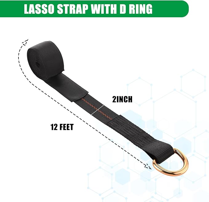 8 Pack Lasso Tow Truck Straps with D Ring 11, 000 Lbs Break Strength D Ring Auto Tie Down Wheel Lift Trailer Strap for Hauling Utv SUV Wrecker Rollback (2" X 12ft,Black)