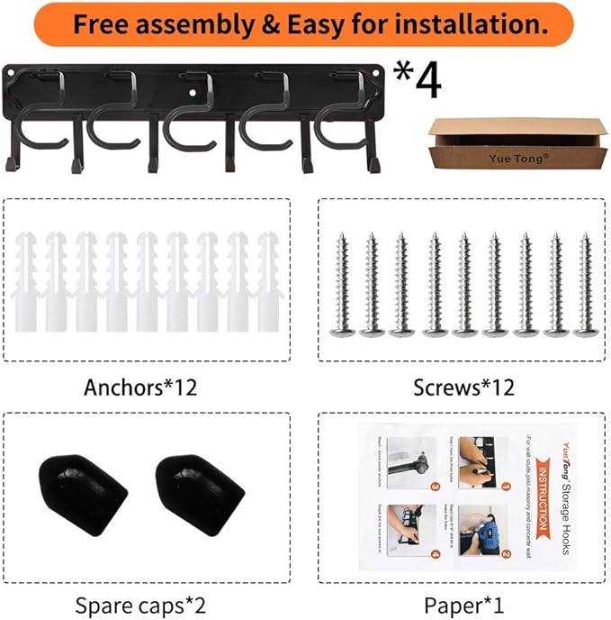 YueTong 68" All Metal Garden Tool Organizer,Adjustable Garage Wall Organizers and Storage,Heavy Duty Wall Mount Holder with Hooks for Broom,Rake,Mop,Shovel(4 Pack)
