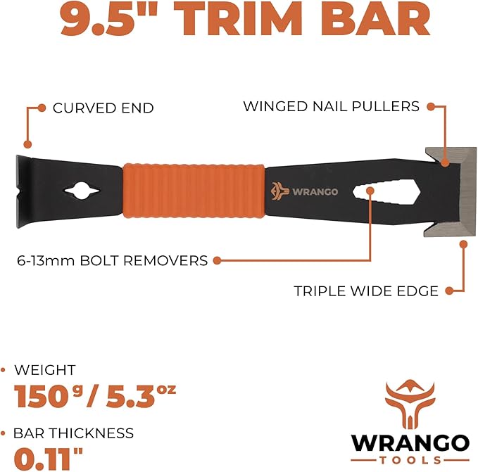 Wrango Tools - 9.5" Trim Bar Pry Bar - Patented Flat Bar Nail Puller with Wide Winged Ends & Shock Absorbing Grip - Lifetime Warranty - 5% Donated To Help Farmers, 2pk