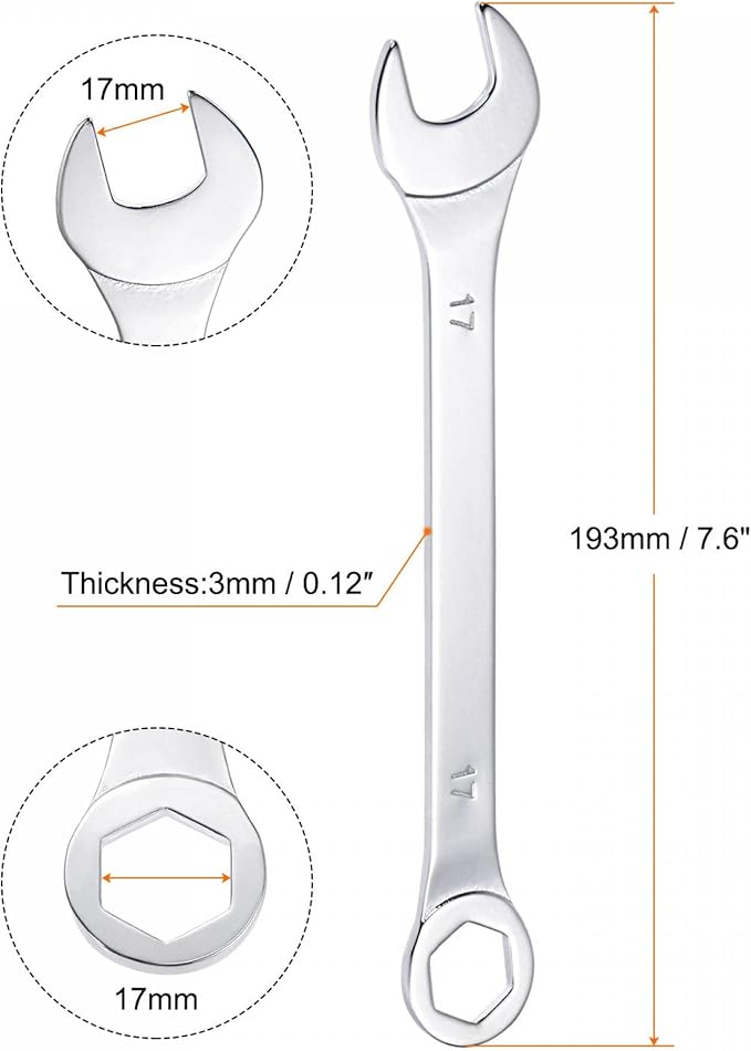 uxcell Thin Combination Wrench with Offset 6-Point End and Angled Open End, Metric Mirror-Chrome Plated High Carbon Steel, for Household Repairs, 17mm