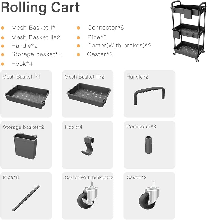3 Tier Rolling Utility Cart with Handle,REBECAT Utility Cart Made of Multifunctional Storage Organizer Tool for Kitchen,Bathroom,Living Room,Office(Black)