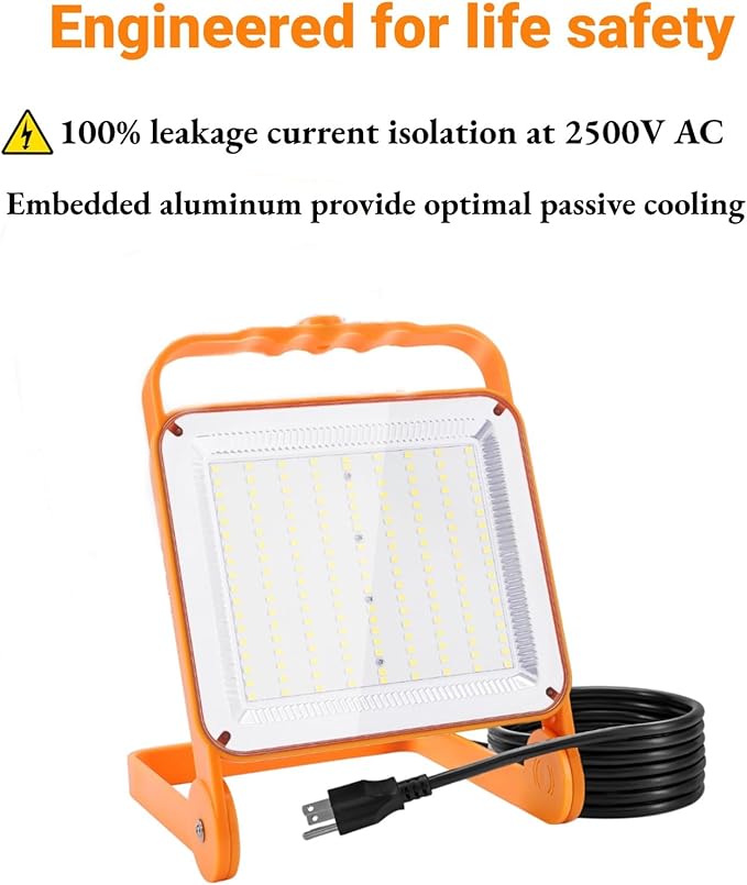 2-Pack 50W Super Bright LED Work Light - 8,000LM (500W Equivalent), IP65 Waterproof, 10ft Heavy Duty Cord, 5000K Daylight, Adjustable Flood Lights for Workshop, Garage, Construction Site
