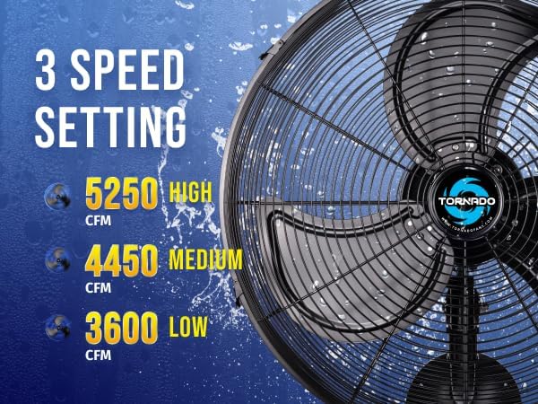 Tornado 20 Inch Pro Series High Velocity Oscillating Waterproof Outdoor Wall Mount Fan For Industrial, Commercial, Residential Use 3 Speed 5250 CFM UL Safety Listed