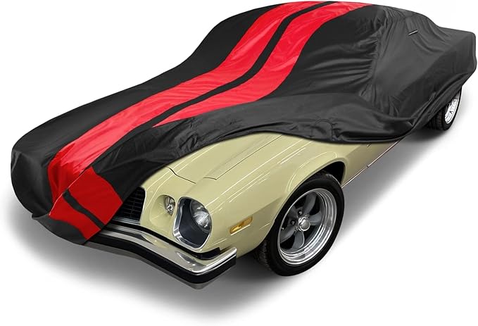 iCarCover Custom Car Cover Compatible with 1974-1981 Chevy Camaro Z28, Type LT, Waterproof All Weather Rain Snow UV Sun Protector Full Exterior Indoor Outdoor Car Covers, Stripe (Black/Red)