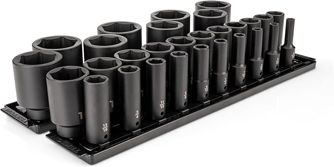 TEKTON 1/2 Inch Drive Deep 6-Point Impact Socket Set with Rails and Tray, 29-Piece (5/16-2 in.) | SID92109