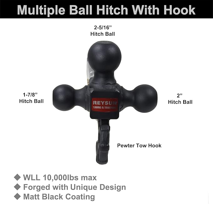 Trailer Hitch 864011L Tri Ball Mount with Hook, Tactical Tow Hook, Fits 2 inch Hitch Receiver, Secure with Self-Lock Latch, Matt Black, 5/8 Inch Hitch Lock Included…
