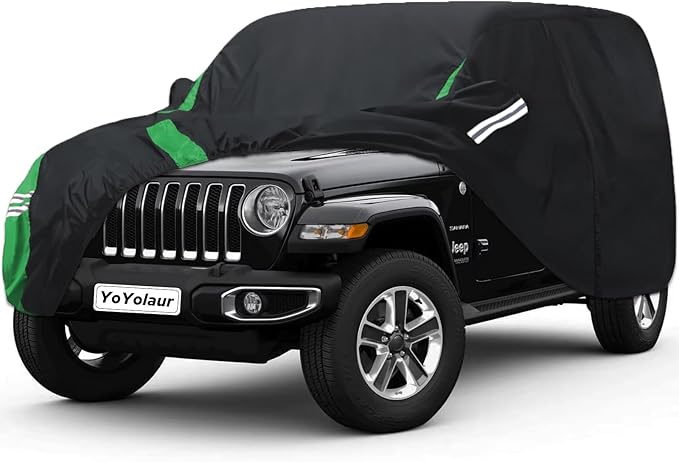Car Cover Compatible with Jeep Wrangler Waterproof 4 Door Custom Fits for TJ YJ CJ JK JL, Outdoor Full Exterior Rain Snow Dust UV Protection with Driver Door Zipper