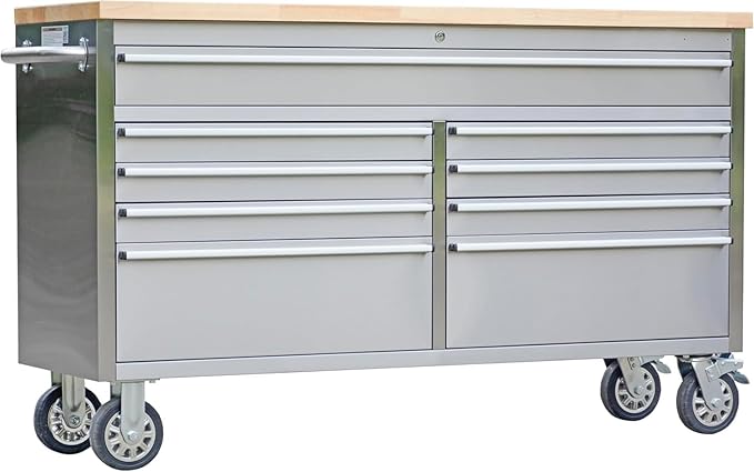 61 Inch Heavy Duty Rolling Tool Chest & Mobile Workbench with 9 Drawers, Rubber Wood Tabletop, Key Locking System and Drawer Liners, Steel Storage Cabinet for Garage, Workshop,Silver