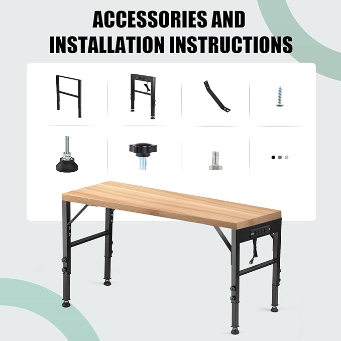 OLBRUS 19.6-Inch Depth Workbench Frame, Height Adjustable 28.5" to 33.8",Set of 4 Metal Table Legs with Floor Protectors, Heavy Duty DIY Furniture Legs for Study Desk（Power Outlets/Rubber Pad）
