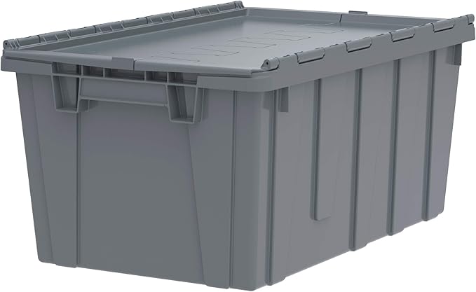 Buckhorn Industrial Lidded Plastic Storage Container, Nesting and Stackable Plastic Storage Box with Lid Attached, Organization Tote for Garage and Warehouse, 17 Gallon Capacity, 27"x17"x12", Gray