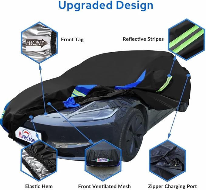 Avecrew Car Cover for Tesla Model 3 2017-2026, Custom Fit Full Exterior Cover with Charging Port and Breathable Ventilation Mesh, Waterproof All Weather Outdoor Rain Snow Sun Protection Cover
