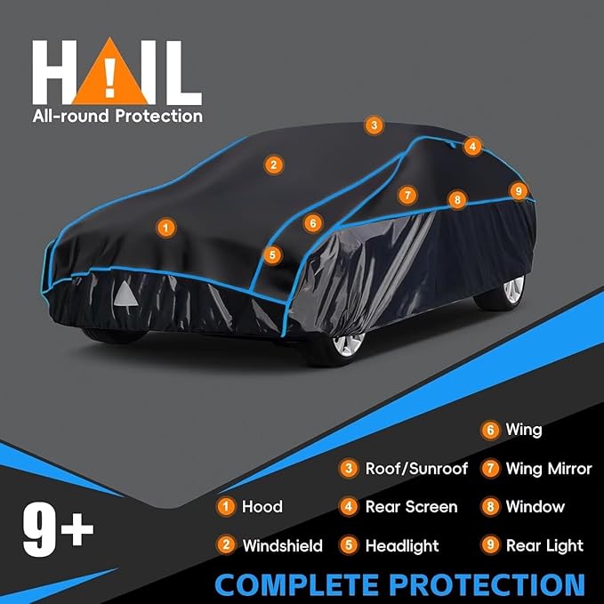 Hail Protector Car Cover, Outdoor Anti Hail Car Covers Thick Multi-Layered EVA, Hail Proof Car Cover Waterproof All Weather, Hail Protection Padded Fit Sedan/Coupe (Length Up to 185 inch