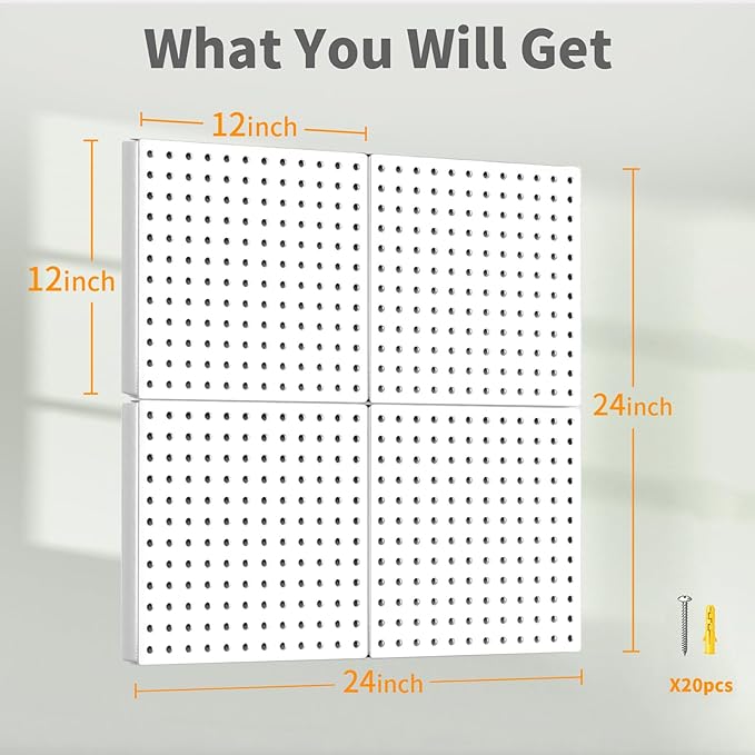 Peg Board, 4PCS Metal Pegboard Wall Organizer. Heavy Duty Pegboard, Peg Boards, Pegboard for Walls, White Pegboard for Garage Craft Room Workbench Office Kitchen Tool Organization, 12"*12"