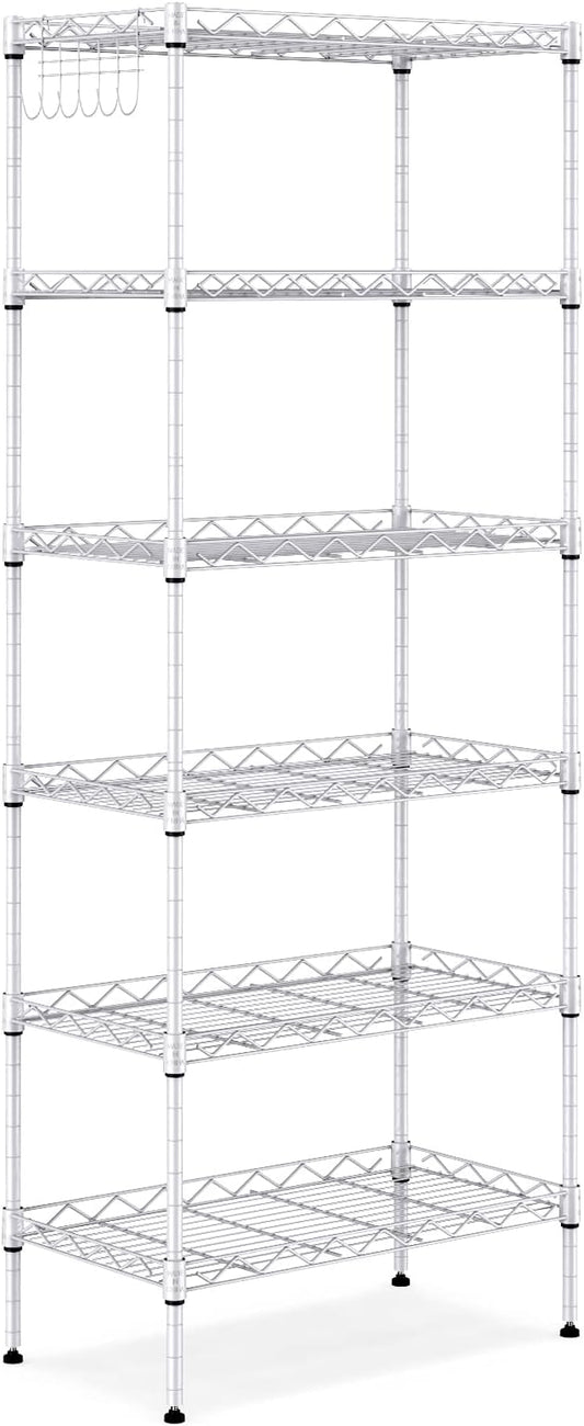 6-Shelf Shelving Storage Unit,Heavy Duty Metal Organizer Wire Rack with Leveling Feet, Stainless Side Hooks for Bathroom Kitchen Garage 750Lbs Capacity (Silver)