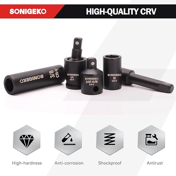 SONIGEKOSocket Set 1/4" Drive Impact Socket Set,55-Piece 6 Point Deep,Standard SAE and Metric CR-V Steel Sockets with extension bars: 2",4",6",Universal Joint, Adapter (1/4" 55 PCS SAE & Metric)