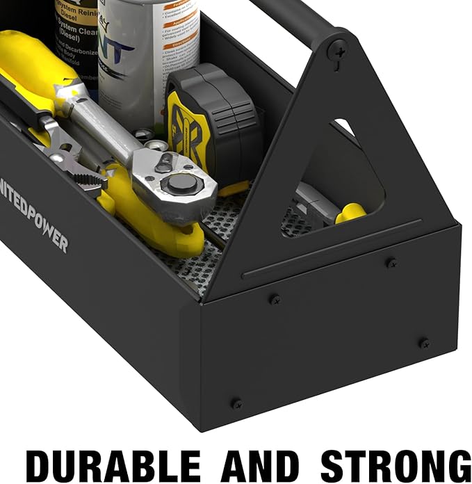 UNITEDPOWER Handy Tool Box, Portable Metal Tote Tray with comfortable grip handle, Tool Organization for Household, Warehouse, Repair Shop, Black