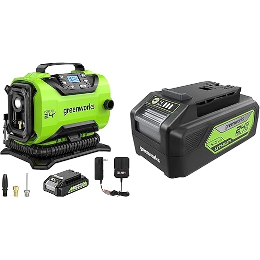 Greenworks 24V Cordless Tire Inflator, 160 PSI Portable Air Compressor, 2 Power Sources & 24V 4.0Ah Lithium-Ion Battery (Genuine Greenworks Battery)