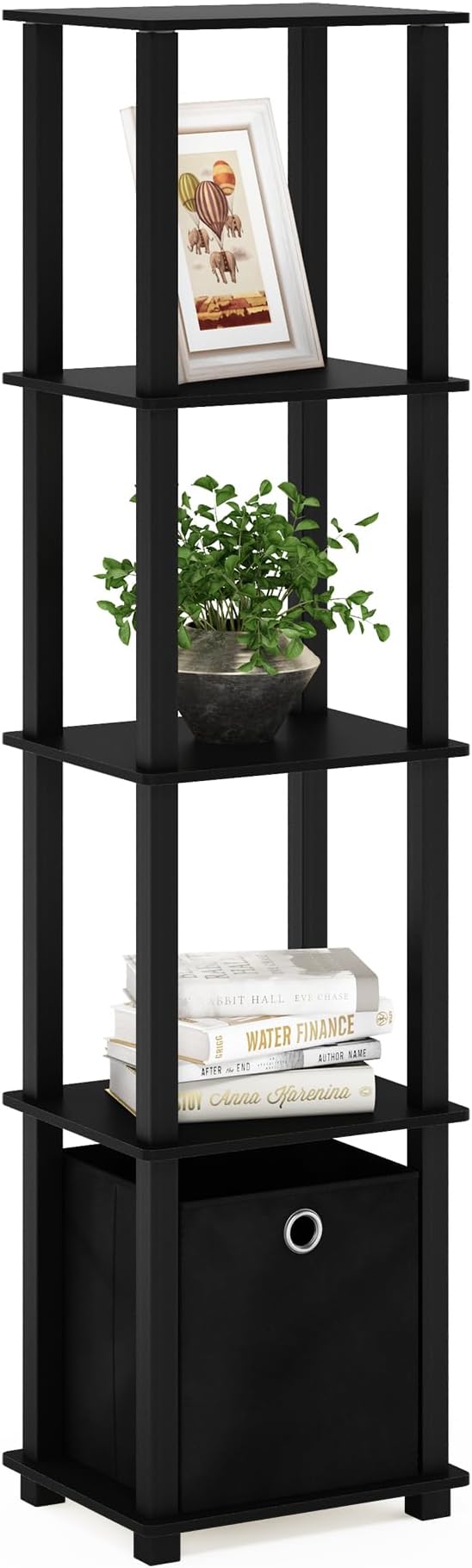 Furinno Turn-N-Tube Book Shelf, 5-Tier Square Open Frame Display Shelf, Corner Storage Shelves with Storage Bin, Shelving Unit, for Organization and Storage, Living Room, Garage, Home Office, Black