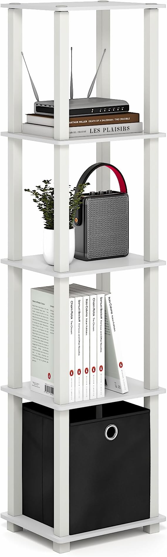 Furinno Turn-N-Tube Book Shelf, 5-Tier Square Open Frame Display Shelf, Corner Storage Shelves with Storage Bin, Shelving Unit, for Organization, Living Room, Garage, Home Office, White