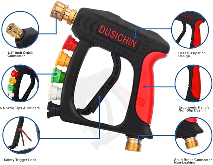 DUSICHIN Foam Cannon Short Pressure Washer Gun 1/4 Inch Quick Connector,5 Pressure Washer Nozzle Tips Car Wash Foam Gun 3/8'' Swivel Quick Connector,M22-14mm M22-15mm Fitting,Not Use with Garden Hose