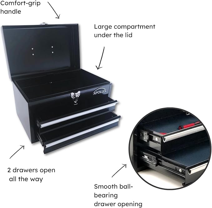 Apollo Tools 14 Inch Steel Tool Box with Deep Top Compartment and 2 Drawers in Heavy-Duty Steel With Ball Bearing Opening and Powder Coated Finish Black