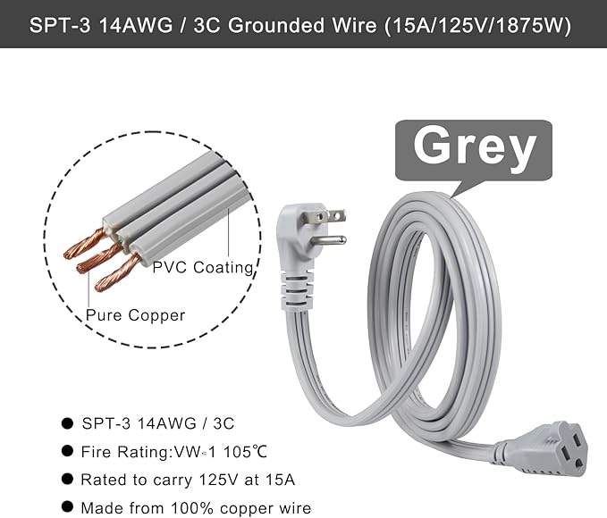 KUNCAN Appliance Power Extension Cord - 3 Prong Flat Wire SPT-3 14 AWG Heavy Duty Male to Female Extender Low Profile Grounded Cable for Major AC Unit, Air Conditioner, Refrigerator (6 Feet)