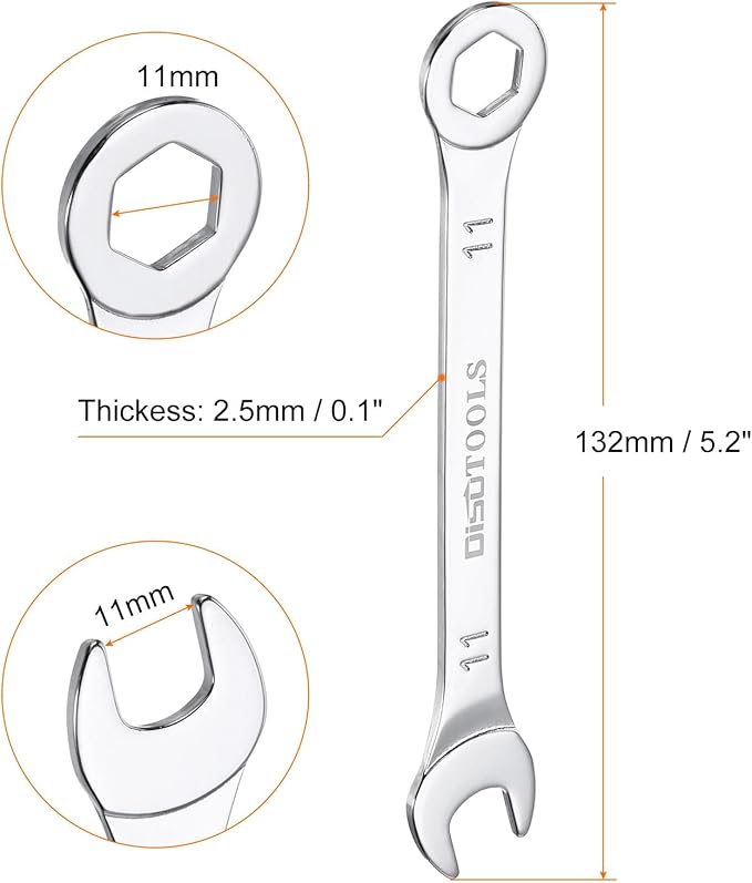 HARFINGTON Thin Combination Wrench Metric 11mm 6-Point Ended Box 15 Degree Offset Open End CR-V Chrome Plated Steel, Silver