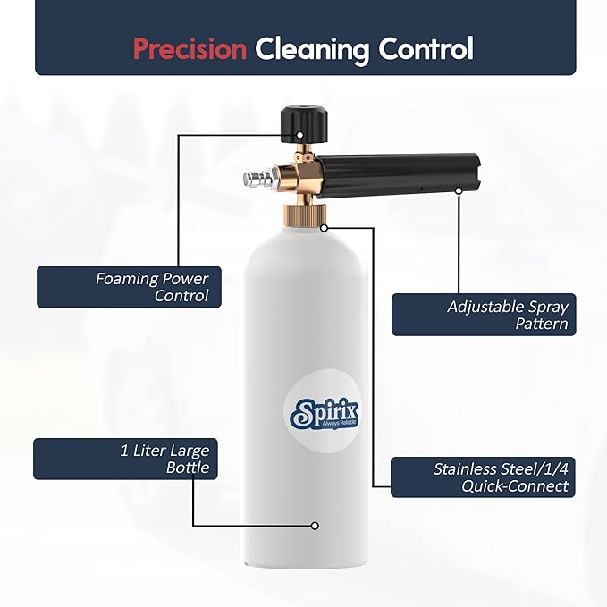 Foam Cannon for Pressure Washer – Adjustable Snow Foam, Car Wash Foam Cannon & Soap Cannon Attachment with 1/4" Quick Connector, 1L Bottle, 5 Switchable Nozzles