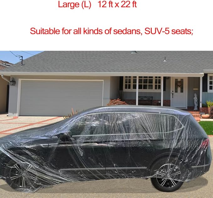 4 Packs Disposable Car Cover Clear Plastic Car Cover Universal Rain Dust Garage Cover with Elastic Band Medium (12 ft x 22 ft)