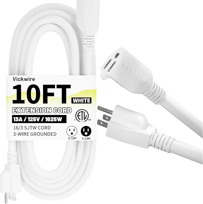 10 Ft 13A 1625W 16AWG White Indoor Outdoor Extension Cord Waterproof, Extension Cord with 3 Prong Grounded Plug, Flexible Weatherproof Power Cable, SJTW