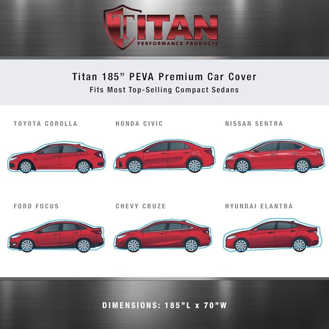 Titan Premium Multi-Layer PEVA Car Cover for Compact Sedans 176-185". Waterproof, UV Protection, Anti-Scratch Protective Lining, Driver-Side Zippered Opening. Fits Corolla, Sentra, Cruz and More.