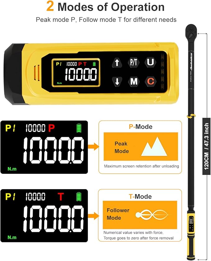 ATsafepro Digital Torque Wrench 3/4-Inch Drive, 15-1000 Nm(11-737.5 ft-lb),±2% Accuracy, Vibration/Buzzer/LED Alert,5 Units, 9 Presets & 500 Data Storage, 3/4 Torque Wrench for Truck, Heavy Machinery