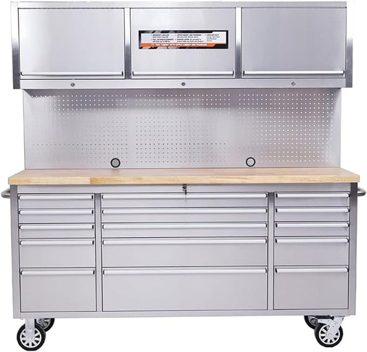 SINDA 72 Inch Rolling Tool Chest Tool Box Mobile Tool Workbench Garage Tool Storage Cabinet Large Rolling Lockable Tool Box with Wood Top, 15 Drawers + 3 Upper Cabinets