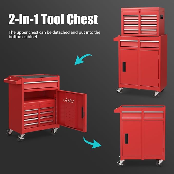 Goplus Tool Chest, 5 Drawers Rolling Tool Cabinet with Detachable Top Toolbox, Universal Lockable Wheels, Lock Bar, Protective Liner & Tool Rack, Metal Tool Storage Cart, Tool Box for Garage Workshop