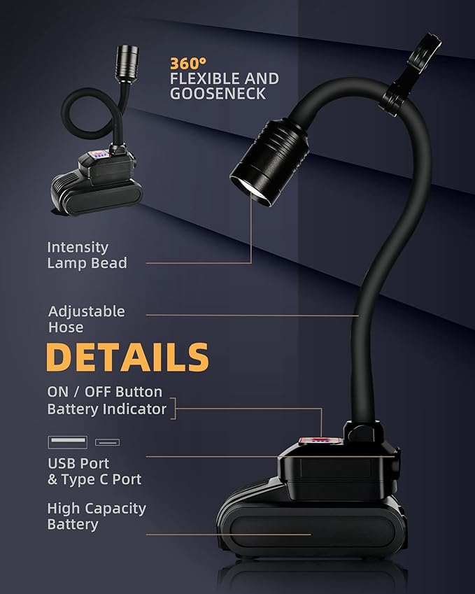 Favorlite LED Work Light, 5000mAh Magnetic Gooseneck Light Rechargeable, 2000 Lumen 360°Flexible Mechanic Lamp with Hook, Job Site Lights for Men, Work Bench, Auto-Repairing, Emergency, Power Outage