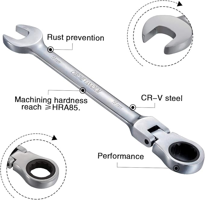 KATUR 19mm Ratcheting Wrench Set Flexible Pivoting Head Ratchet Combination Spanner Wrench Chrome Vanadium Steel Metric Tool (19mm)