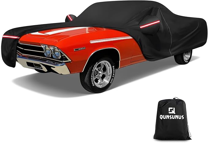 QUNSUNUS Car Cover for Chevrolet El Camino 1968-1977, Waterproof Car Covers with Cotton Lining,All Weather El Camino Cover with Straps and Zipper for Wind, Sun and Dust Protection