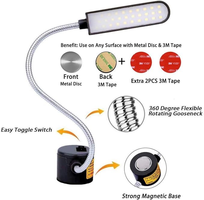 Sewing Machine Light LED Magnetic Work Light Lamp 30LED 6W Multifunctional Flexible Gooseneck Sewing Lamp with Magnetic Base for Workbench Lathe Drill Press Black 3Pack