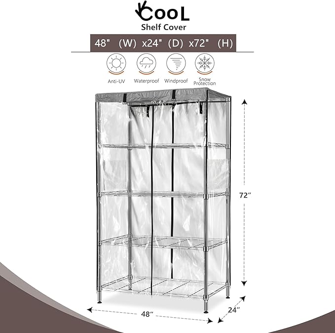 okcool Waterproof Shelf Cover,600D Heavy Duty Wire Shelving Unit Cover,Three Side See Through Panel Clearly Visible (Fits 48" Wx24 Dx72 H Shelves)