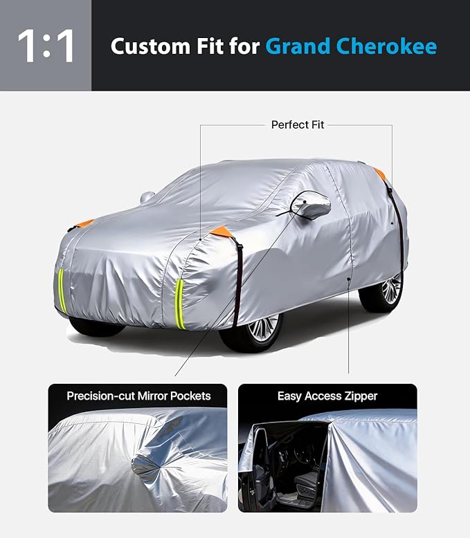Wigoo Jeep Grand Cherokee Car Cover Accessories 1999-2026, Custom Fit Waterproof All Weather Outdoor Full SUV Cover, Windproof Sun UV Rain Snow Dust Protection, Door Zipper, Reflective Strips