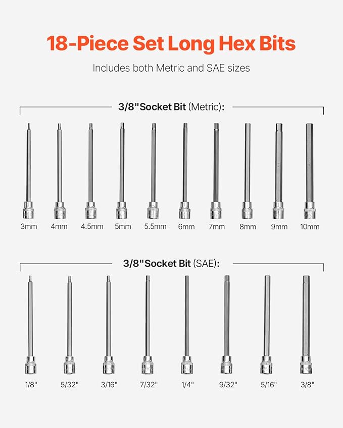 VEVOR Extra Long Allen Hex Bit Socket Set, 18-Piece 3/8 inch Drive, S2 Alloy Steel and Cr-V Steel, Standard SAE and Metric 1/8-Inch-3/8-Inch, 3-12mm, with Enhanced Storage Case, for Mechanics